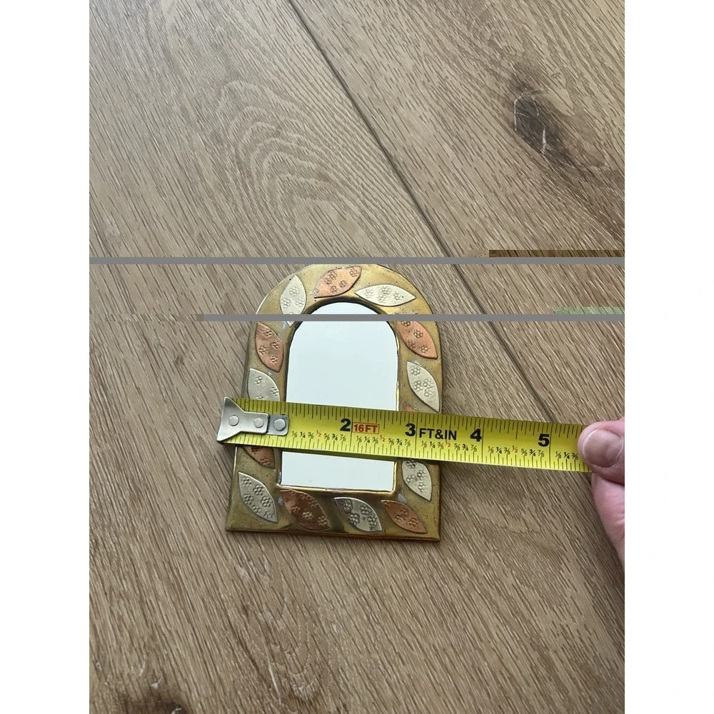 Vtg Moroccan Mini Mirror Handmade Brass Wall Hang Copper Silver Brass Arch 4.5